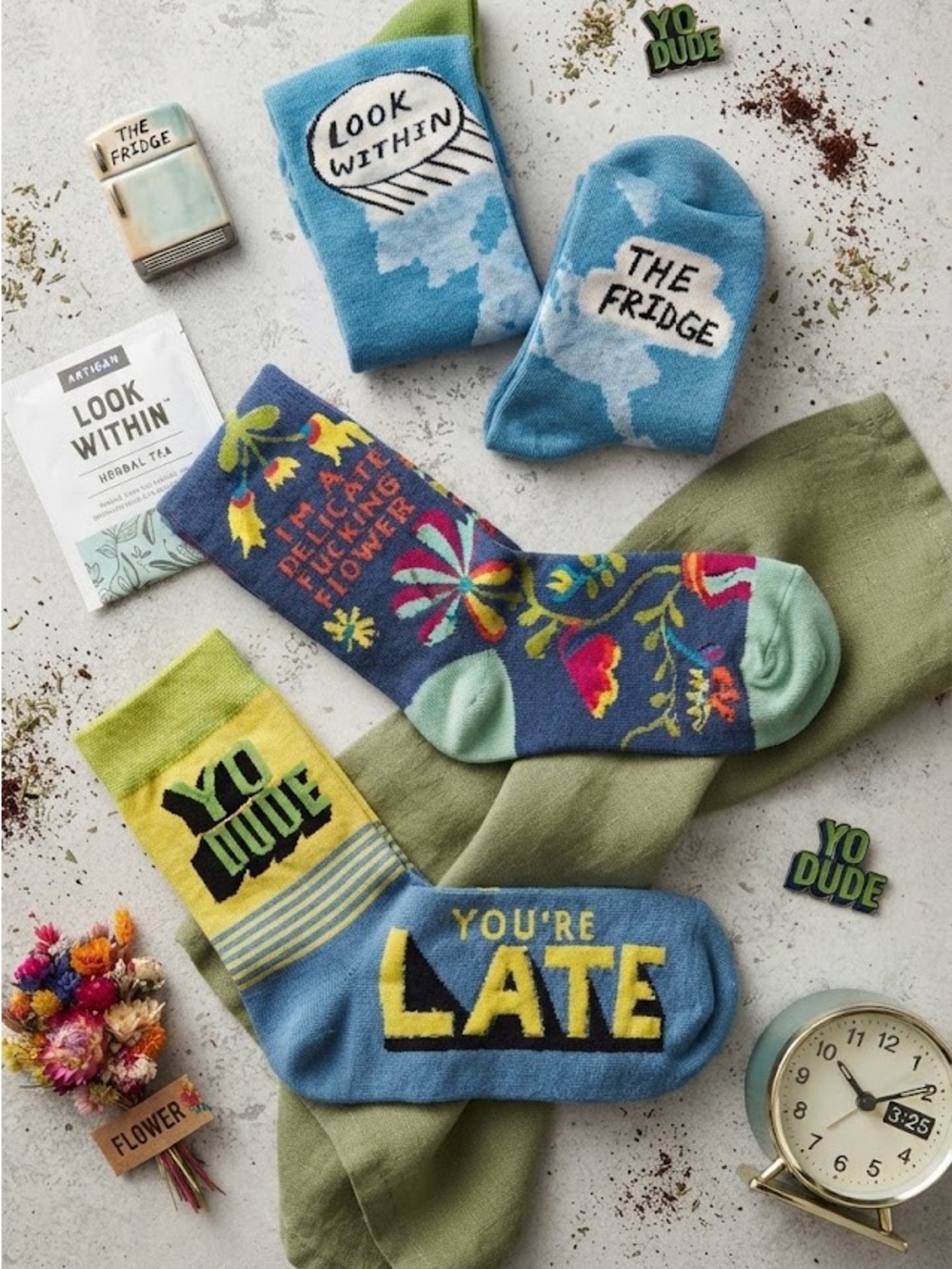 Funny Novelty Men's Crew Socks Blue & Green Floral and Graphic Designs